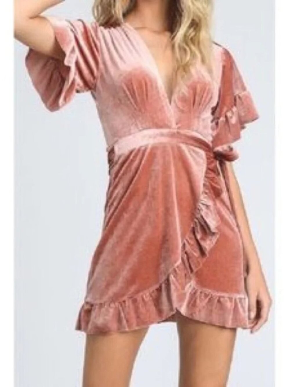 Storia Pink Velvet Ruffled Wrap Mini Dress, Size S